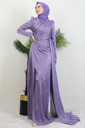 لباس مجلسی حجاب بنفش زنانه یقه ایستاده giz astore - کد 928292156