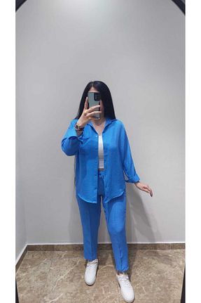 ست بالاتنه و پائین تنه آبی زنانه کتان Nida Çelik Collection - کد 928084568