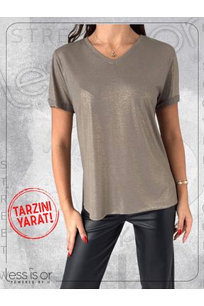 تیشرت بژ زنانه گشاد less is or - کد 928097204