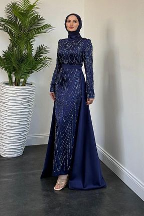 لباس مجلسی حجاب سرمه ای یقه ایستاده MERVEN AKYÜZ - کد 928437411