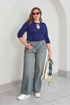 شلوار جین سایز بزرگ آبی زنانه فاق بلند Büyük Moda - کد 917550603
