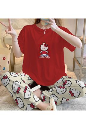 ست لباس راحتی قرمز زنانه چاپی PEMBİŞ HOMEWEAR - کد 928519014