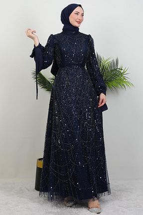 لباس مجلسی حجاب سرمه ای زنانه یقه ایستاده GİYZAMİLA - کد 928768936