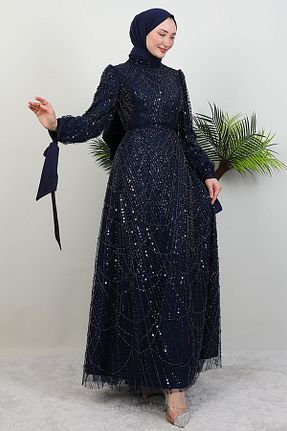 لباس مجلسی حجاب سرمه ای زنانه یقه ایستاده GİYZAMİLA - کد 928768936