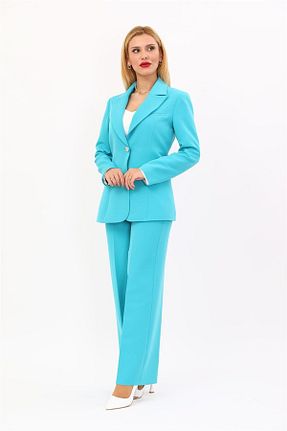 کت و شلوار فیروزه ای زنانه یقه کتی ÖNDER ÖZSOY - کد 928913516