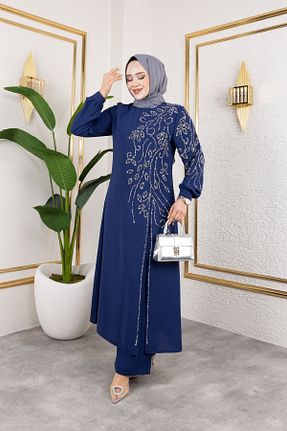 لباس مجلسی حجاب سرمه ای زنانه یقه دوچرخه Elif Artar - کد 929202137