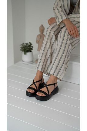 صندل مشکی زنانه پاشنه تخت ECENİN BUTİĞİ - کد 929054843