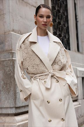 ترنچکت بژ زنانه Keten Görünümlü Fashionbox - کد 818877902