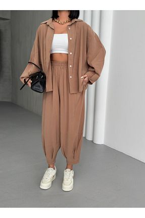 ست بالاتنه و پائین تنه قهوه ای زنانه بافتنی LOKADI - کد 929247235