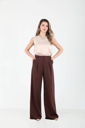 شلوار پارچه ای قهوه ای زنانه فاق بلند ELLA DİZAYN - کد 929260084