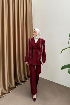 ست بالاتنه و پائین تنه زرشکی زنانه بافتنی QUQA - کد 929259971