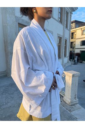 کیمونو و کافتان سفید زنانه مخلوط کتان ADORRA34 - کد 922179860