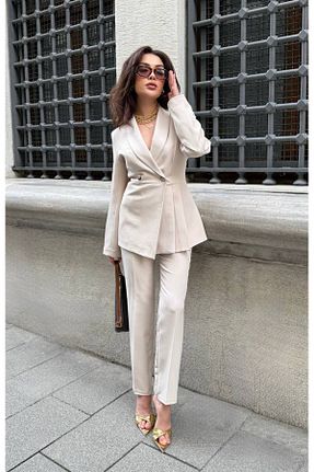 کت و شلوار نباتی زنانه یقه کتی BARG FASHION - کد 929563384