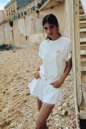 تیشرت سفید زنانه اورسایز H&M - کد 929498113