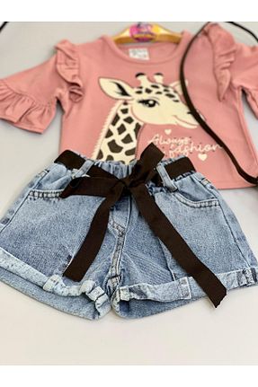 ست بالاتنه و پائین تنه صورتی بچه گانه جین mislina kids - کد 928096853