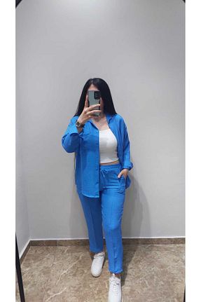 ست بالاتنه و پائین تنه آبی زنانه کتان Nida Çelik Collection - کد 928084568