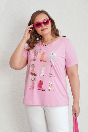 تیشرت سایز بزرگ صورتی زنانه سایز بزرگ Büyük Moda - کد 928103474