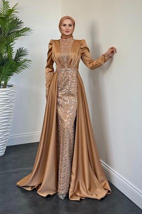 لباس مجلسی حجاب طلائی زنانه یقه ایستاده MERVEN AKYÜZ - کد 928437280
