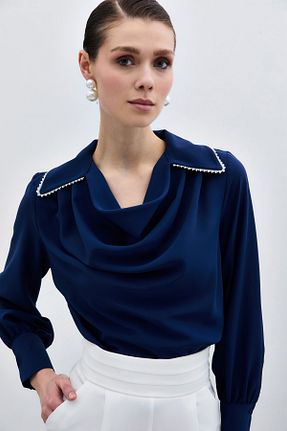 بلوز سرمه ای زنانه ساده Sateen - کد 928405818