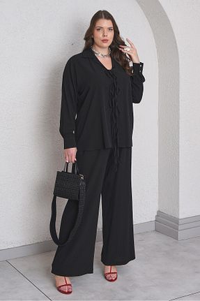 ست گرمکن سایز بزرگ مشکی زنانه مخلوط پلی استر Büyük Moda - کد 917550504