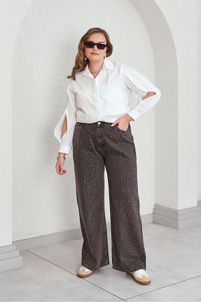 شلوار جین سایز بزرگ قهوه ای زنانه پاچه ساده Büyük Moda - کد 921515191