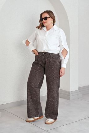 شلوار جین سایز بزرگ قهوه ای زنانه پاچه ساده Büyük Moda - کد 921515191