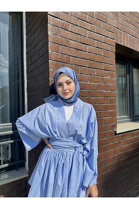 کافتان و کیمونو حجاب آبی زنانه پنبه ای MANİBRU - کد 737327462