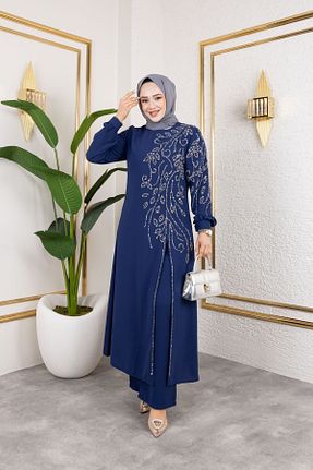 لباس مجلسی حجاب سرمه ای زنانه یقه دوچرخه Elif Artar - کد 929202137