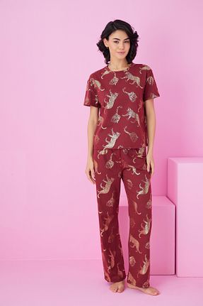 ست لباس راحتی زرشکی زنانه چاپی Siyah İnci - کد 929219207