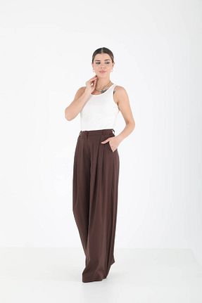 شلوار پارچه ای قهوه ای زنانه فاق بلند ELLA DİZAYN - کد 929251107