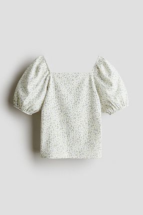 تیشرت سفید زنانه یقه مربعی H&M - کد 929366040