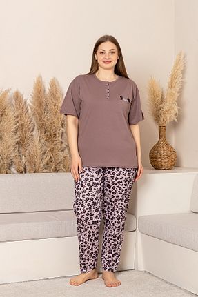 ست لباس راحتی سایز بزرگ قهوه ای زنانه گلدار Nisanca - کد 929445526