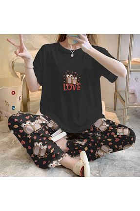 ست لباس راحتی مشکی زنانه چاپی PEMBİŞ HOMEWEAR - کد 928519066