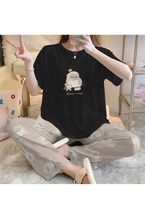 ست لباس راحتی مشکی زنانه چاپی PEMBİŞ HOMEWEAR - کد 928519068