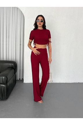 ست بالاتنه و پائین تنه زرشکی زنانه بافت BYKUZEYARAS - کد 928634025