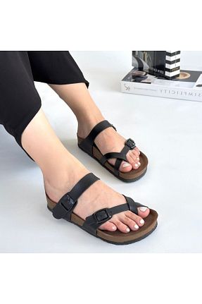 دمپائی مشکی زنانه چرم مصنوعی TUGERDİ - کد 928896848