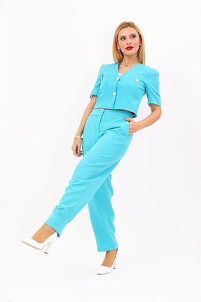کت و شلوار فیروزه ای زنانه یقه کتی ÖNDER ÖZSOY - کد 929072811
