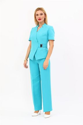 کت و شلوار فیروزه ای زنانه یقه کتی ÖNDER ÖZSOY - کد 928914170