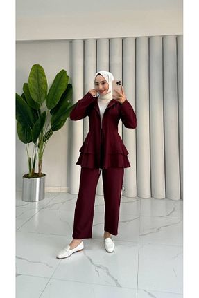 ست بالاتنه و پائین تنه حجاب زرشکی زنانه رگولار Wual giyim - کد 928963033