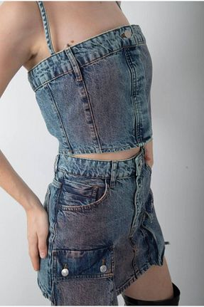 ست بالاتنه و پائین تنه آبی زنانه جین 369 etnik butik - کد 929160409