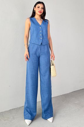 ست بالاتنه و پائین تنه آبی زنانه کتان Cappmoda - کد 929190946