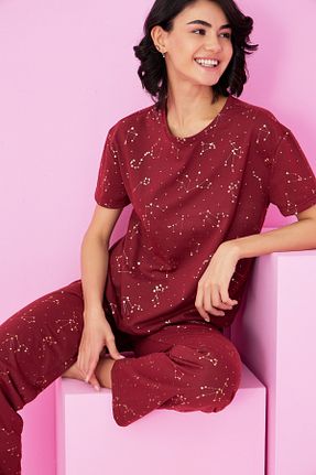 ست لباس راحتی زرشکی زنانه چاپی Siyah İnci - کد 929219223