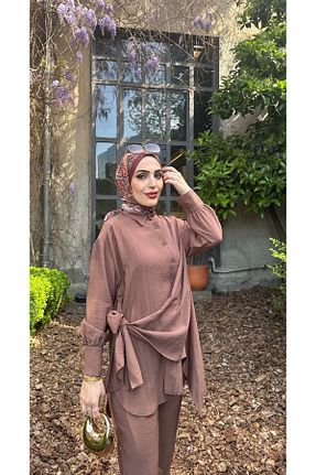 ست بالاتنه و پائین تنه حجاب قهوه ای زنانه رگولار modamafra - کد 929291403