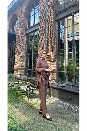ست بالاتنه و پائین تنه حجاب قهوه ای زنانه رگولار modamafra - کد 929291403
