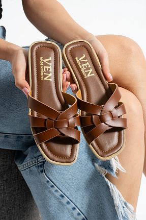 دمپائی قهوه ای زنانه چرم مصنوعی MY MİA MODA - کد 929300135