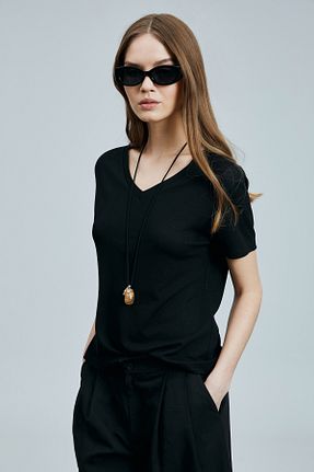 تیشرت مشکی زنانه یقه هفت Lufian - کد 929414491