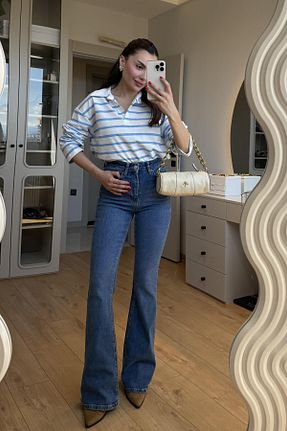 شلوار جین آبی زنانه پاچه اسپانیولی Gizem Ecemiş - کد 929425065