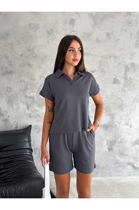 ست بالاتنه و پائین تنه طوسی زنانه بافتنی ebru akten butik - کد 929687934