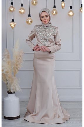لباس مجلسی حجاب بژ زنانه یقه دوچرخه Ribas Collection - کد 843802395