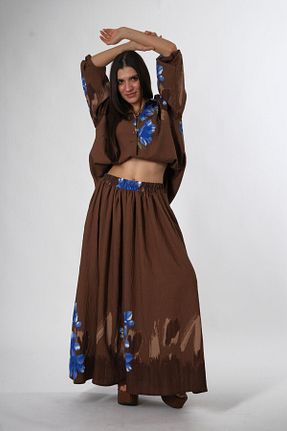 ست بالاتنه و پائین تنه قهوه ای زنانه بافتنی ABBRA - کد 929946755